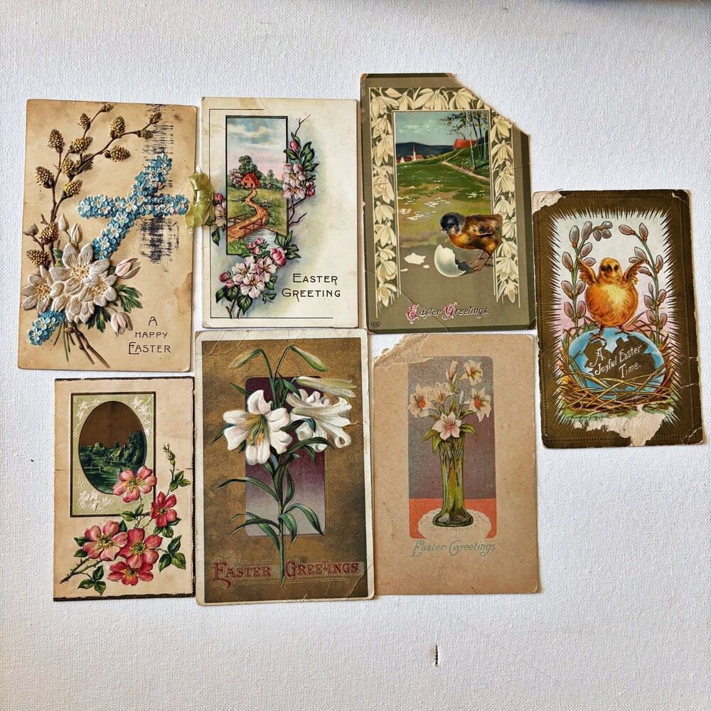Vintage Post Cards 1900s (7) Easter Embossed 3D Flowers Religious Junk Journal